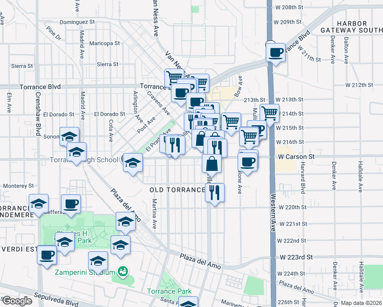 map of restaurants, bars, coffee shops, grocery stores, and more near 1716 Andreo Avenue in Torrance