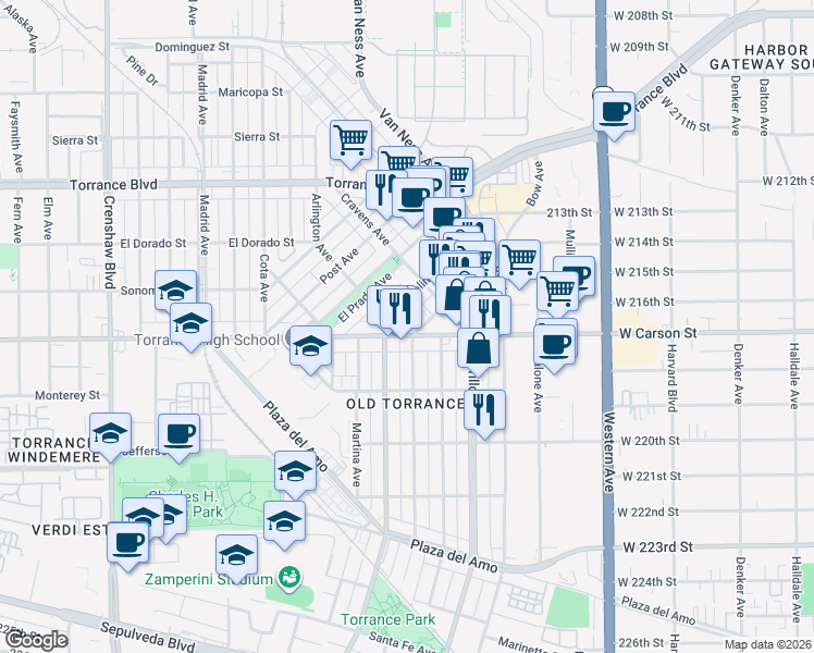 map of restaurants, bars, coffee shops, grocery stores, and more near 2008 West Carson Street in Torrance