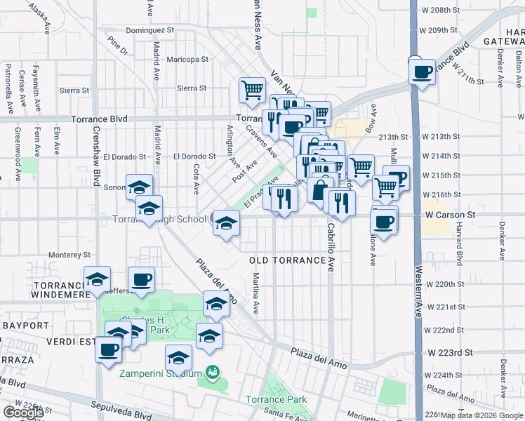 map of restaurants, bars, coffee shops, grocery stores, and more near 1712 Martina Avenue in Torrance