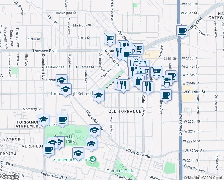 map of restaurants, bars, coffee shops, grocery stores, and more near 1712 Martina Avenue in Torrance