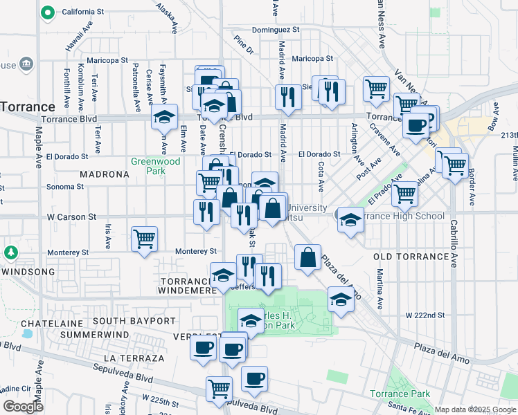 map of restaurants, bars, coffee shops, grocery stores, and more near 2400 West Carson Street in Torrance