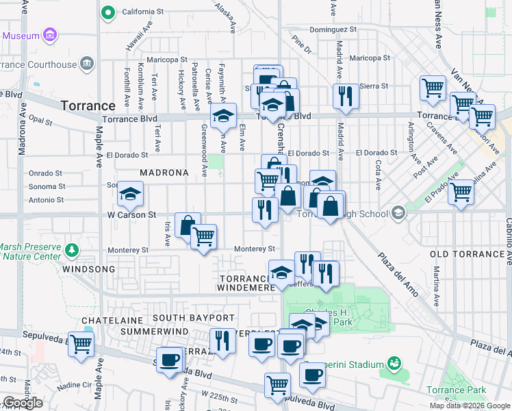 map of restaurants, bars, coffee shops, grocery stores, and more near 1702 Elm Avenue in Torrance