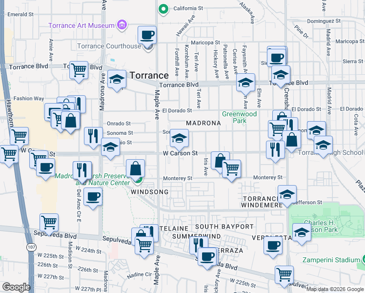 map of restaurants, bars, coffee shops, grocery stores, and more near in Torrance