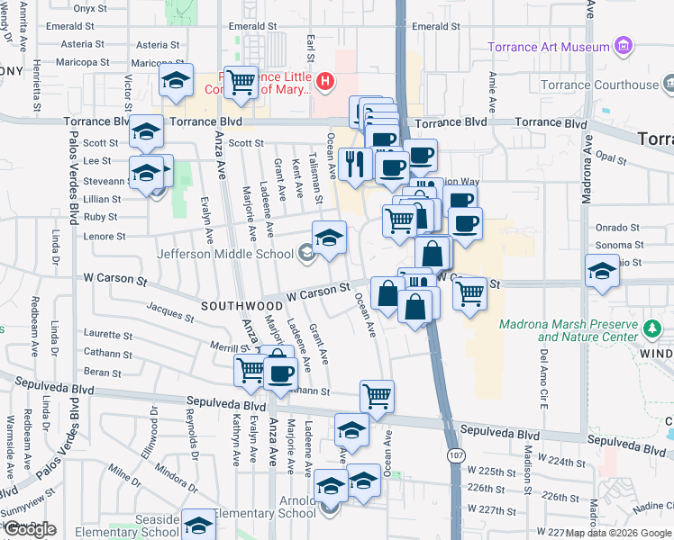 map of restaurants, bars, coffee shops, grocery stores, and more near 21717 Talisman Street in Torrance