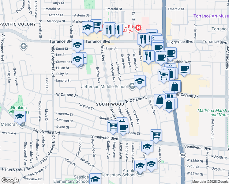 map of restaurants, bars, coffee shops, grocery stores, and more near 21725 Marjorie Avenue in Torrance