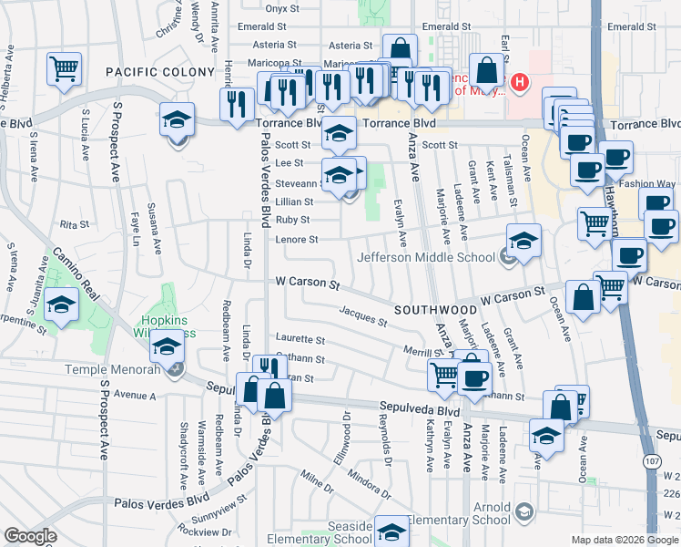 map of restaurants, bars, coffee shops, grocery stores, and more near 5026 West Carson Street in Torrance