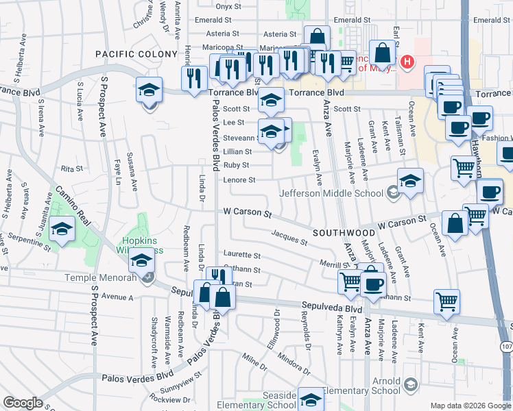 map of restaurants, bars, coffee shops, grocery stores, and more near 5026 West Carson Street in Torrance