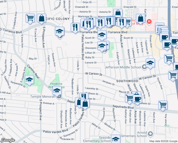 map of restaurants, bars, coffee shops, grocery stores, and more near 21732 Paul Avenue in Torrance