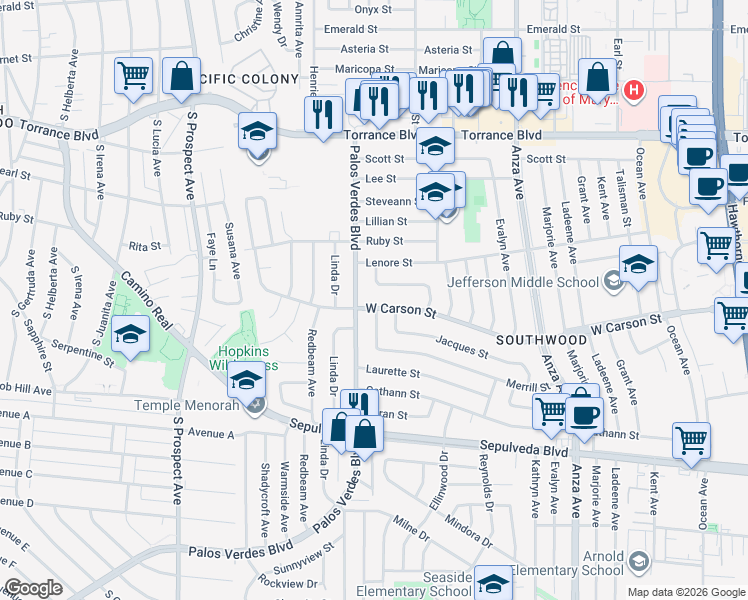 map of restaurants, bars, coffee shops, grocery stores, and more near 21732 Paul Avenue in Torrance