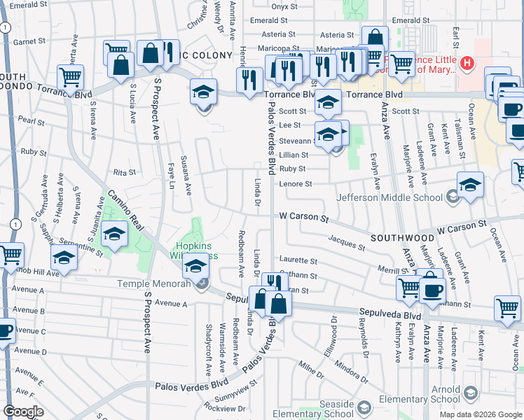 map of restaurants, bars, coffee shops, grocery stores, and more near 21729 Palos Verdes Boulevard in Torrance