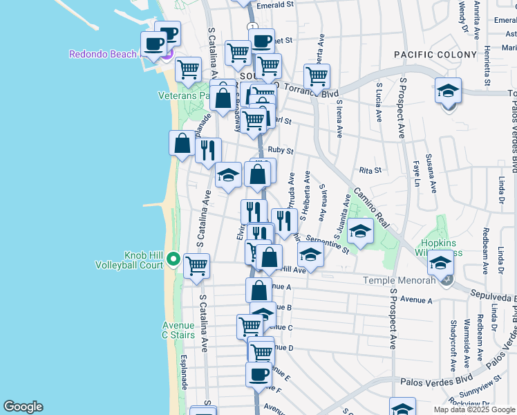 map of restaurants, bars, coffee shops, grocery stores, and more near 628 South Elvira Avenue in Redondo Beach