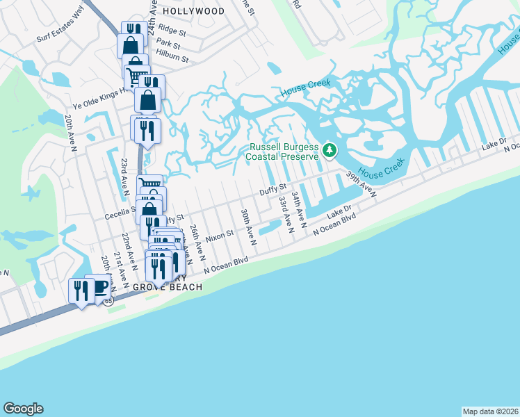 map of restaurants, bars, coffee shops, grocery stores, and more near 3009 Nixon Street in North Myrtle Beach