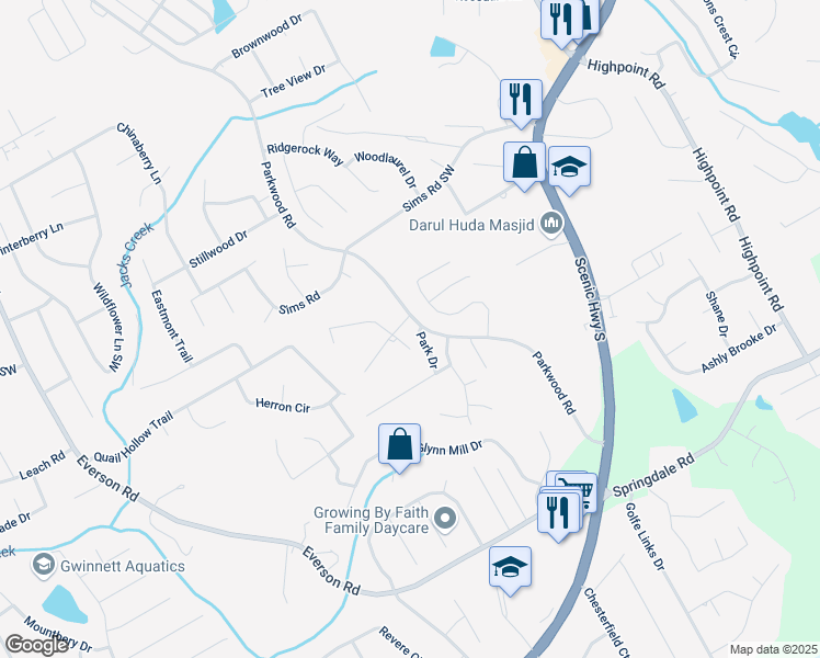 map of restaurants, bars, coffee shops, grocery stores, and more near 3404 Broxton Mill Way in Snellville