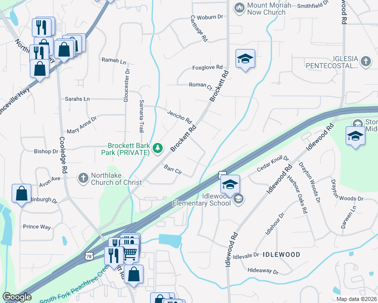 map of restaurants, bars, coffee shops, grocery stores, and more near 3967 Franks Court in Tucker