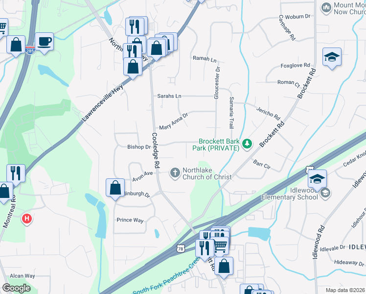 map of restaurants, bars, coffee shops, grocery stores, and more near 3752 Bailey Road in Tucker