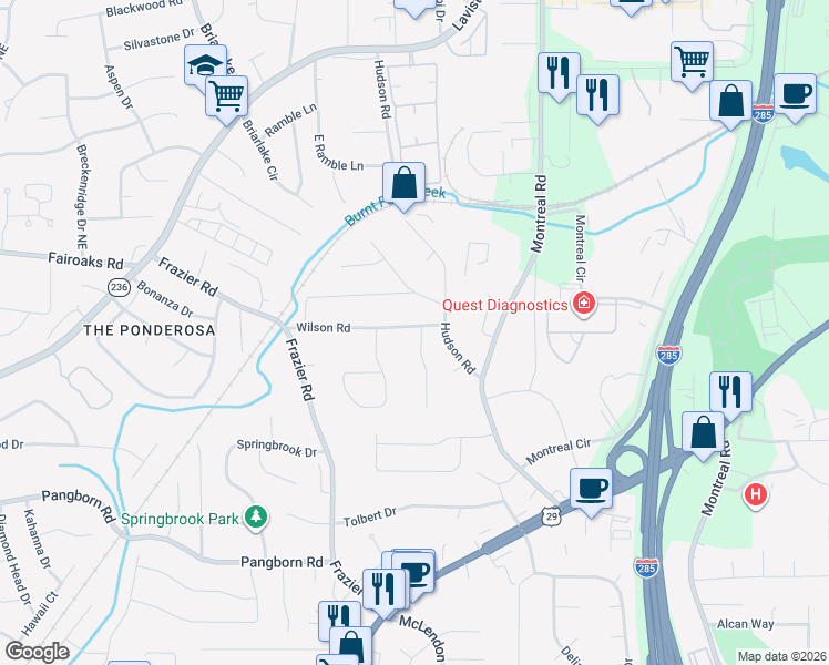 map of restaurants, bars, coffee shops, grocery stores, and more near 1663 Northlake Springs Court in Decatur