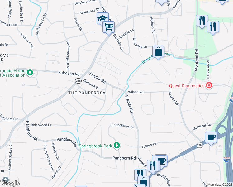 map of restaurants, bars, coffee shops, grocery stores, and more near 1677 Frazier Park Drive in Decatur