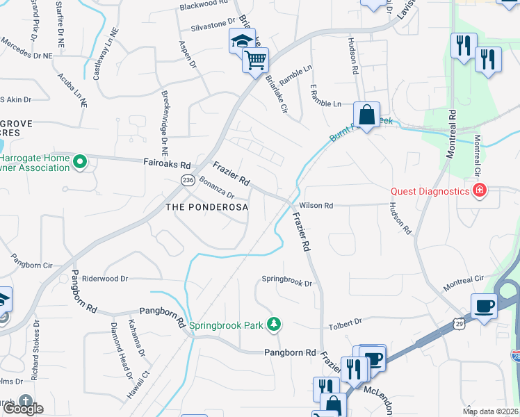 map of restaurants, bars, coffee shops, grocery stores, and more near 1677 Frazier Park Drive in Decatur