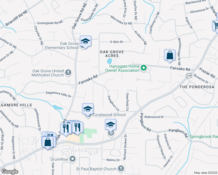 map of restaurants, bars, coffee shops, grocery stores, and more near 2426 Pangborn Circle in Decatur