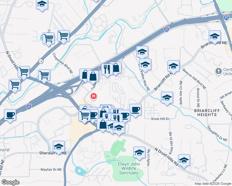 map of restaurants, bars, coffee shops, grocery stores, and more near 1647 Executive Park Lane Northeast in Atlanta