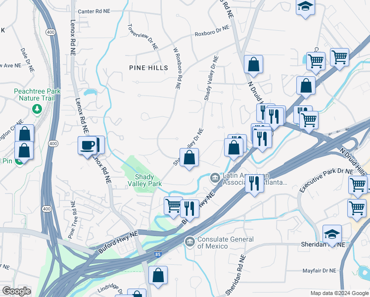 map of restaurants, bars, coffee shops, grocery stores, and more near 1292 Victor Road Northeast in Atlanta