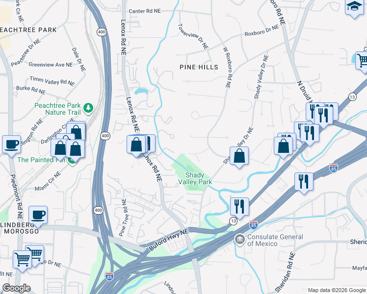 map of restaurants, bars, coffee shops, grocery stores, and more near 1073 Judith Way Northeast in Atlanta