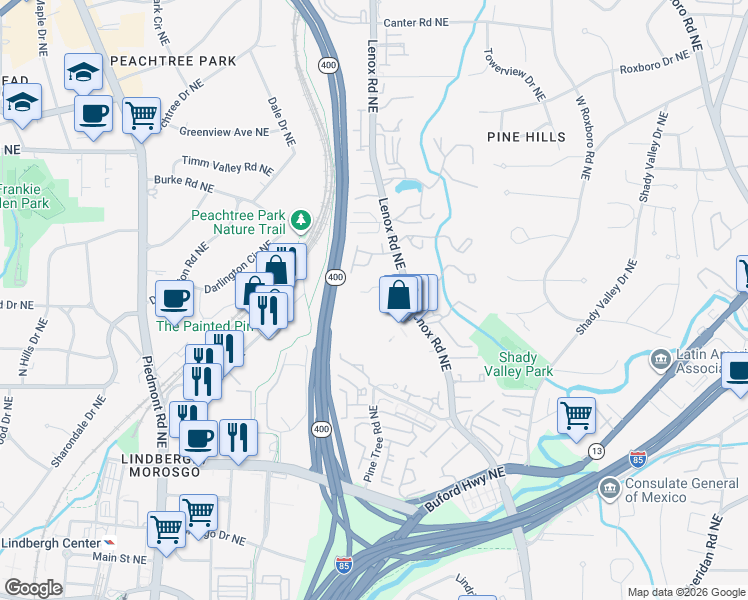 map of restaurants, bars, coffee shops, grocery stores, and more near 5230 Pine Heights Drive Northeast in Atlanta