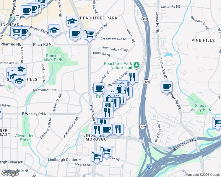 map of restaurants, bars, coffee shops, grocery stores, and more near 633 Darlington Commons Court Northeast in Atlanta