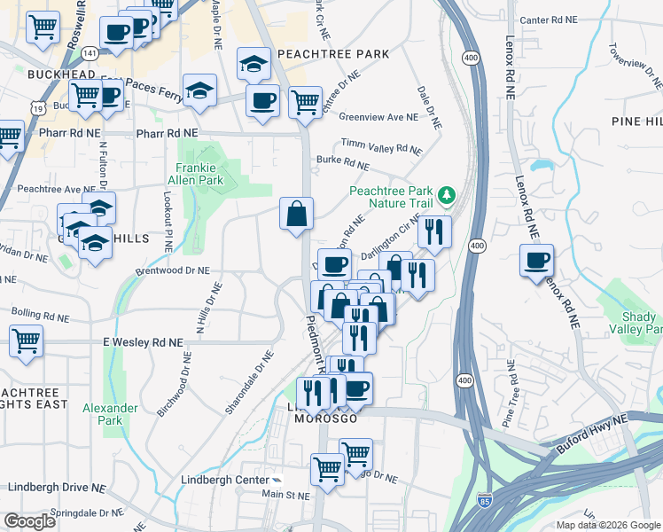 map of restaurants, bars, coffee shops, grocery stores, and more near 2799 Piedmont Road Northeast in Atlanta