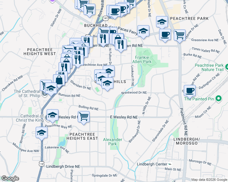 map of restaurants, bars, coffee shops, grocery stores, and more near 285 Sheridan Drive Northeast in Atlanta