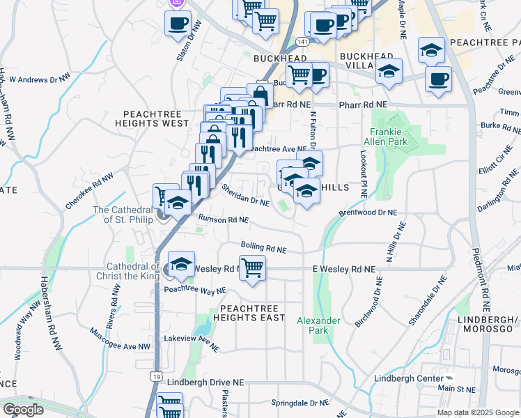 map of restaurants, bars, coffee shops, grocery stores, and more near 190 Rumson Road Northeast in Atlanta
