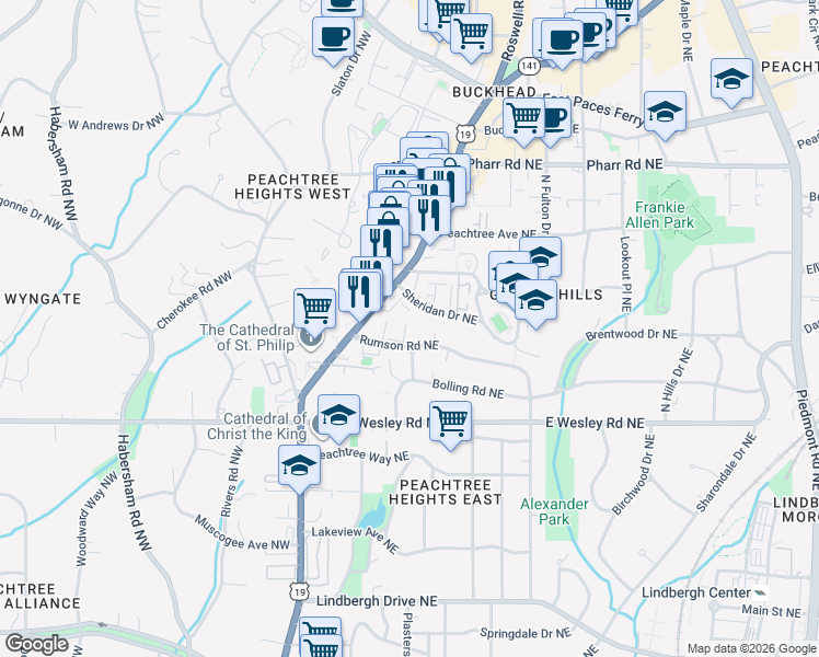 map of restaurants, bars, coffee shops, grocery stores, and more near 151 Rumson Road Northeast in Atlanta