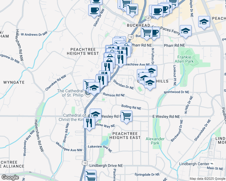 map of restaurants, bars, coffee shops, grocery stores, and more near 105 Rumson Road Northeast in Atlanta