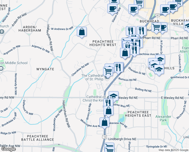 map of restaurants, bars, coffee shops, grocery stores, and more near 2820 Andrews Drive Northwest in Atlanta