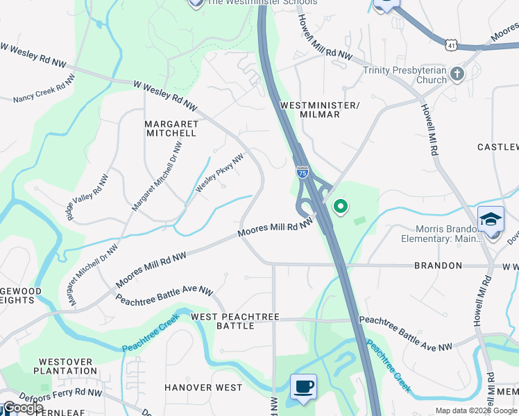 map of restaurants, bars, coffee shops, grocery stores, and more near 1307 Moores Mill Road Northwest in Atlanta