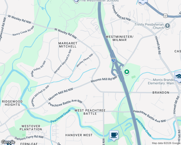 map of restaurants, bars, coffee shops, grocery stores, and more near 1360 Barron Court Northwest in Atlanta
