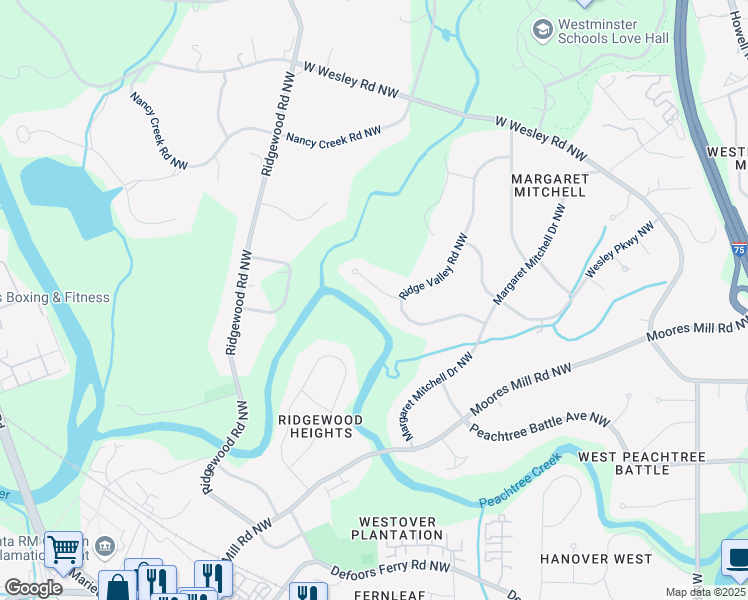 map of restaurants, bars, coffee shops, grocery stores, and more near 1724 Ridge Valley Court Northwest in Atlanta