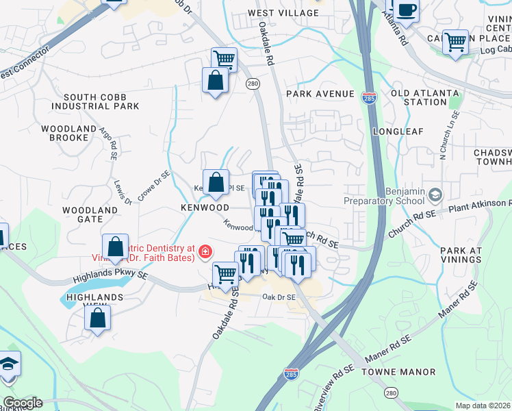 map of restaurants, bars, coffee shops, grocery stores, and more near 4924 South Cobb Drive Southeast in Smyrna