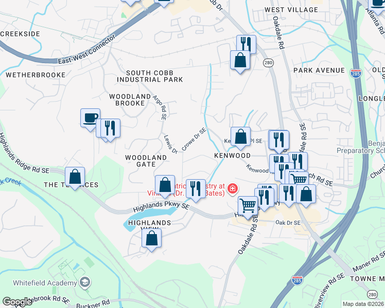 map of restaurants, bars, coffee shops, grocery stores, and more near 5010 Heather Road Southeast in Smyrna