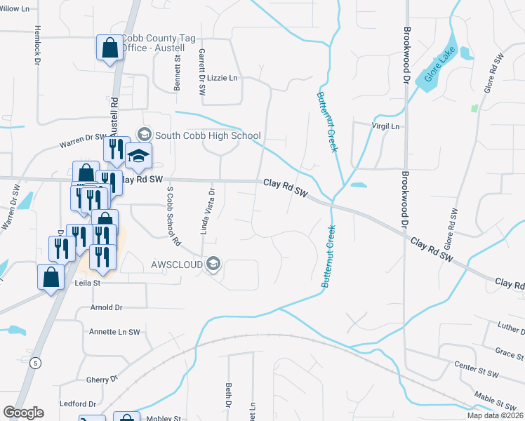 map of restaurants, bars, coffee shops, grocery stores, and more near 5029 Huntcrest Drive Southwest in Mableton