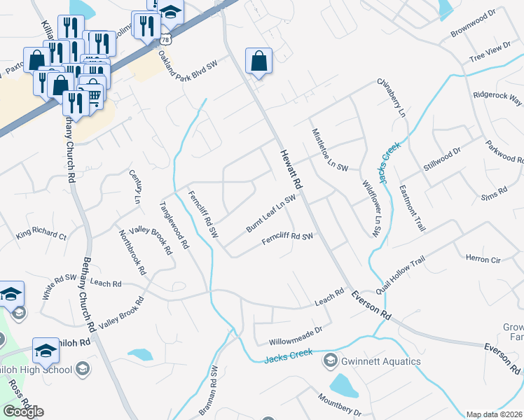 map of restaurants, bars, coffee shops, grocery stores, and more near 3818 Burnt Leaf Lane Southwest in Snellville