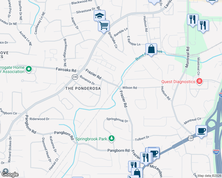 map of restaurants, bars, coffee shops, grocery stores, and more near 1677 Frazier Park Drive in Decatur
