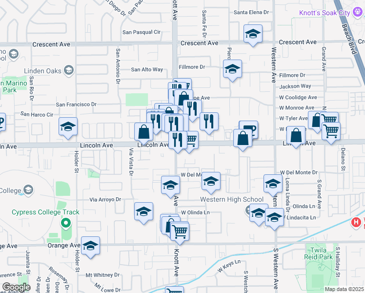 map of restaurants, bars, coffee shops, grocery stores, and more near 2 West Lincoln Avenue in Anaheim