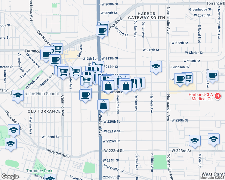 map of restaurants, bars, coffee shops, grocery stores, and more near 68 Harvard Boulevard in Torrance