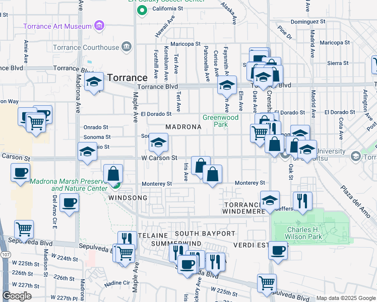 map of restaurants, bars, coffee shops, grocery stores, and more near 1638 Iris Avenue in Torrance