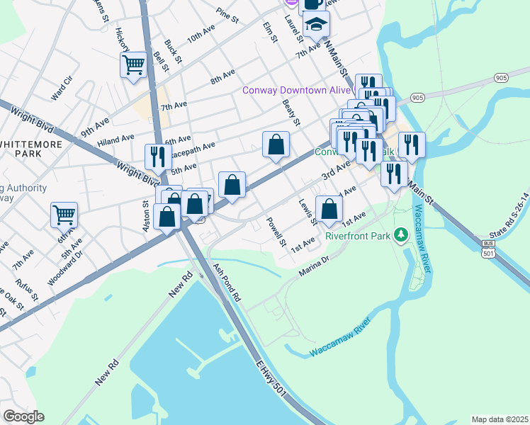 map of restaurants, bars, coffee shops, grocery stores, and more near 3rd Avenue in Conway