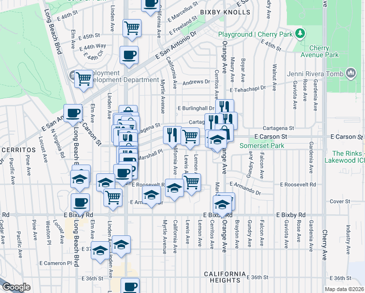 map of restaurants, bars, coffee shops, grocery stores, and more near 3948 California Avenue in Long Beach