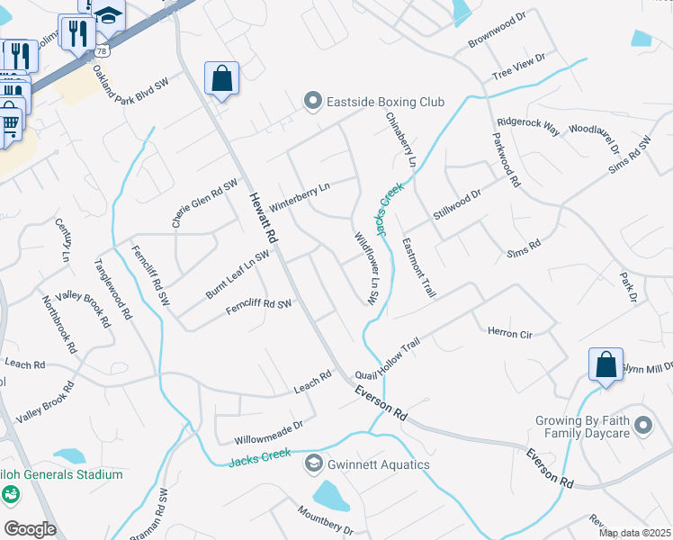 map of restaurants, bars, coffee shops, grocery stores, and more near 2615 Wildflower Lane Southwest in Snellville