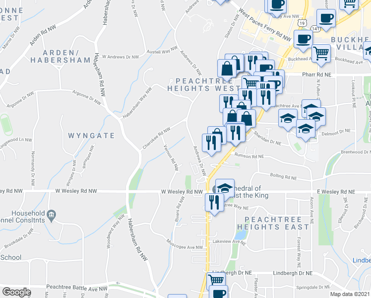 map of restaurants, bars, coffee shops, grocery stores, and more near 2820 Andrews Drive Northwest in Atlanta
