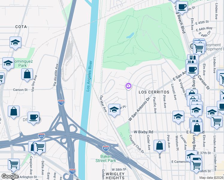 map of restaurants, bars, coffee shops, grocery stores, and more near 4112 Del Mar Avenue in Long Beach